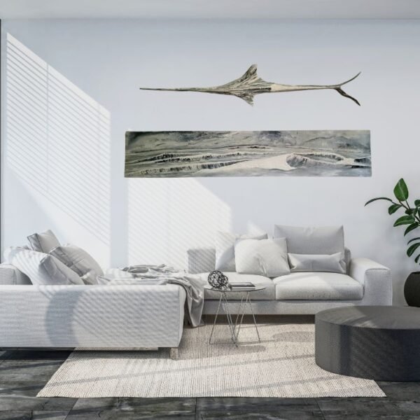 Photo of a living room showcasing a marlin sailfish and Wave Painting of Nosara Surf Gallery